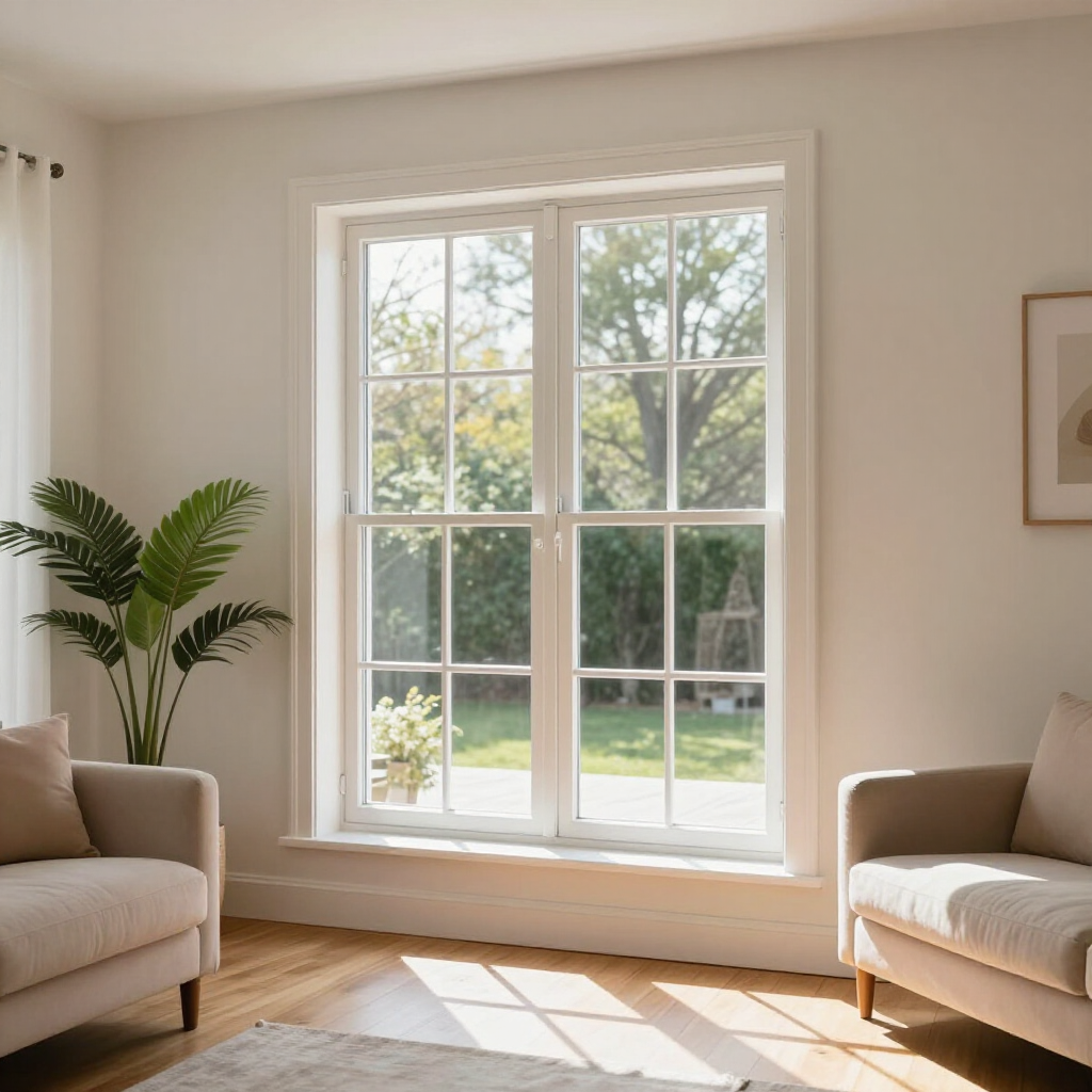 Bright living room with two beige sofas, a potted plant, and sunlight through a large window.