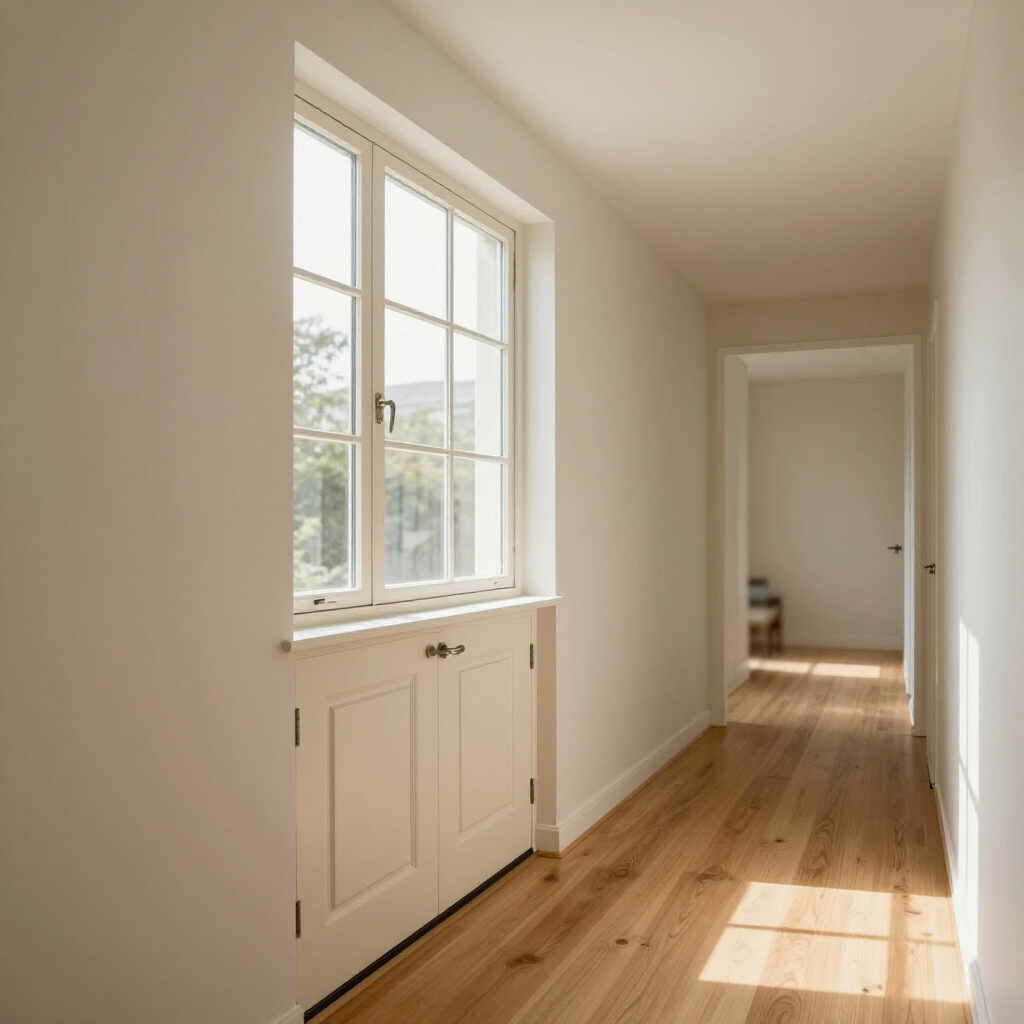 Bright hallway with a windowed cabinet, wood floors, and sunlight streaming through a doorway