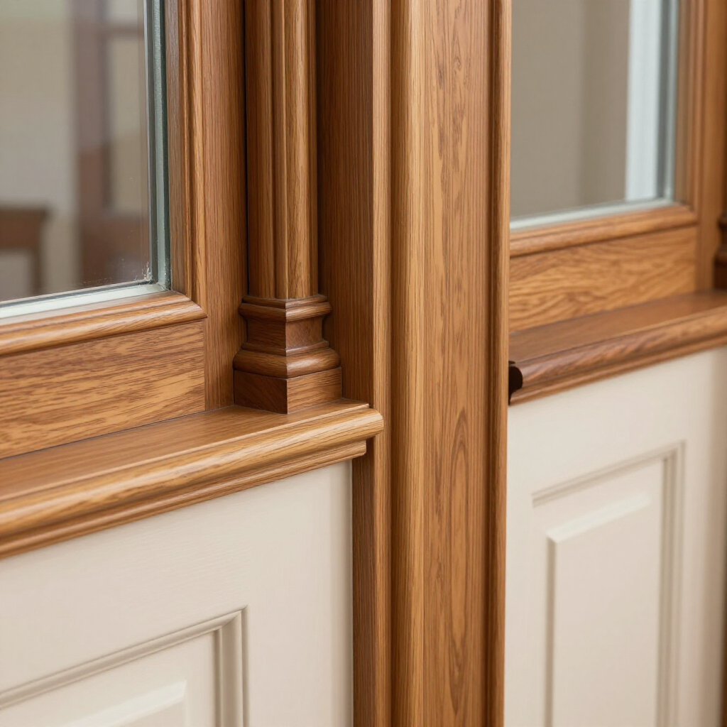 Close-up of wood-framed glass doors with white panels and decorative trim
