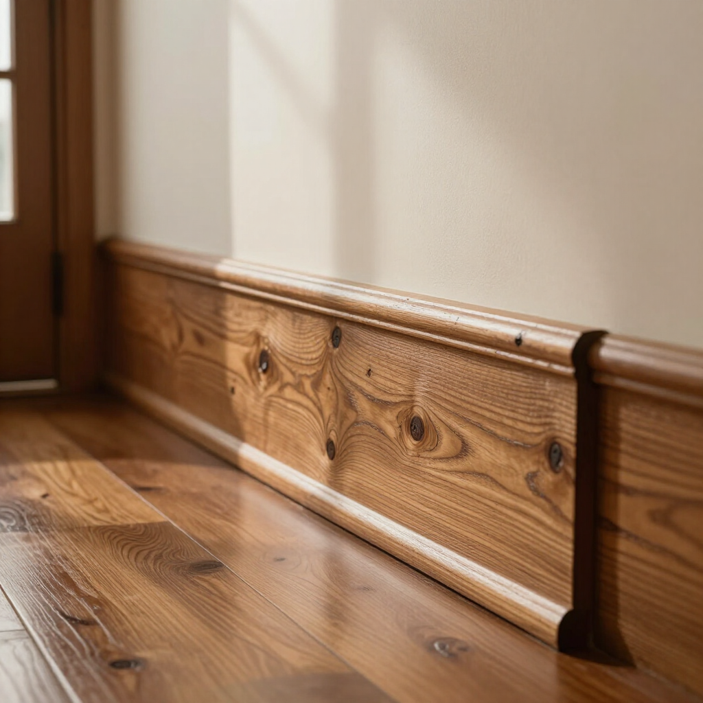 Wooden baseboard trim along a hardwood floor beside a sunlit wall and doorframe