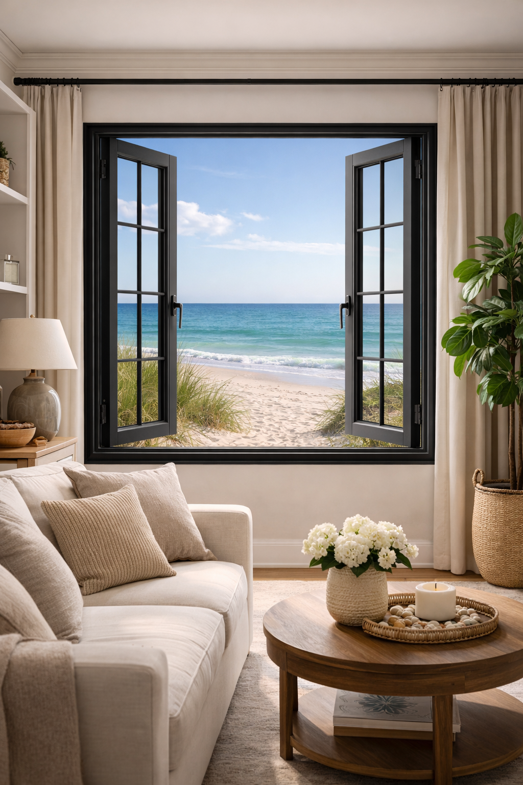 Cozy living room with open window framing a sunny beach and ocean view