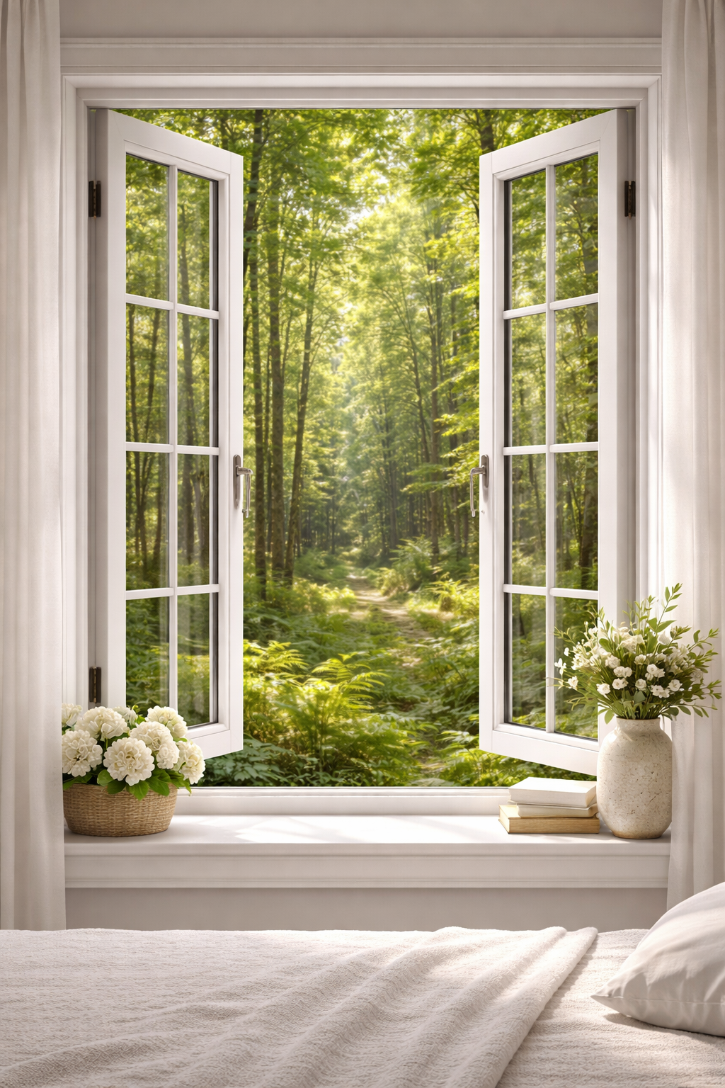 Open white windows with potted flowers overlooking a sunlit forest garden