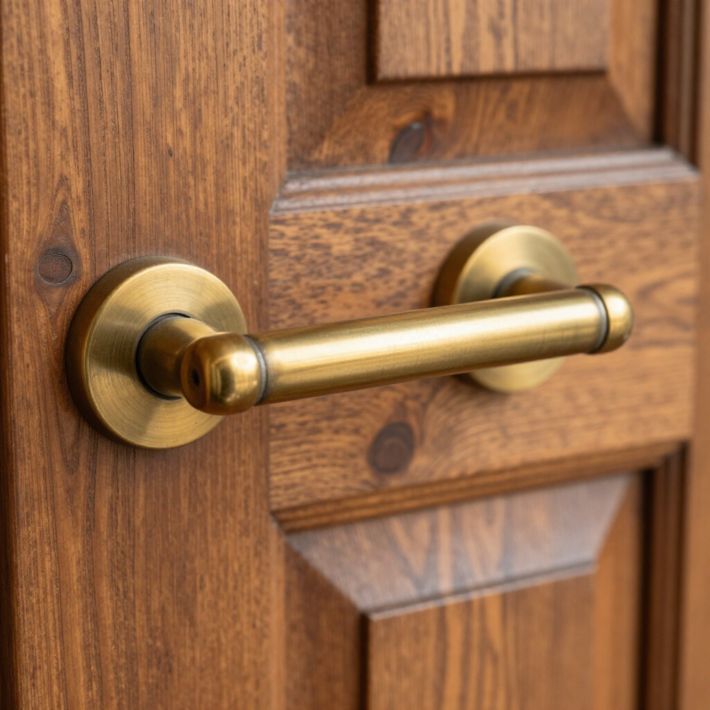 Brass door handle on a carved wooden door panel