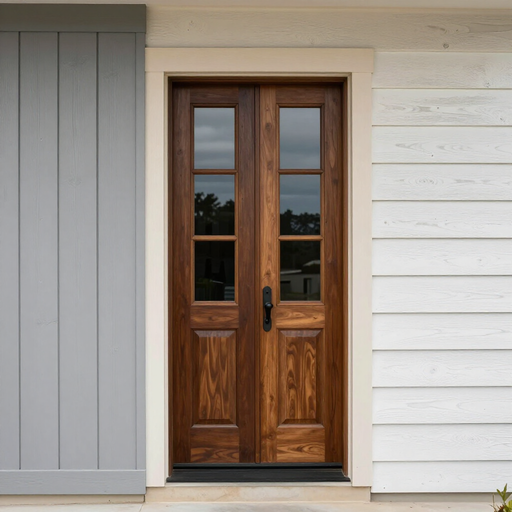 Wooden front double doors with glass panes in a beige and white house exterior