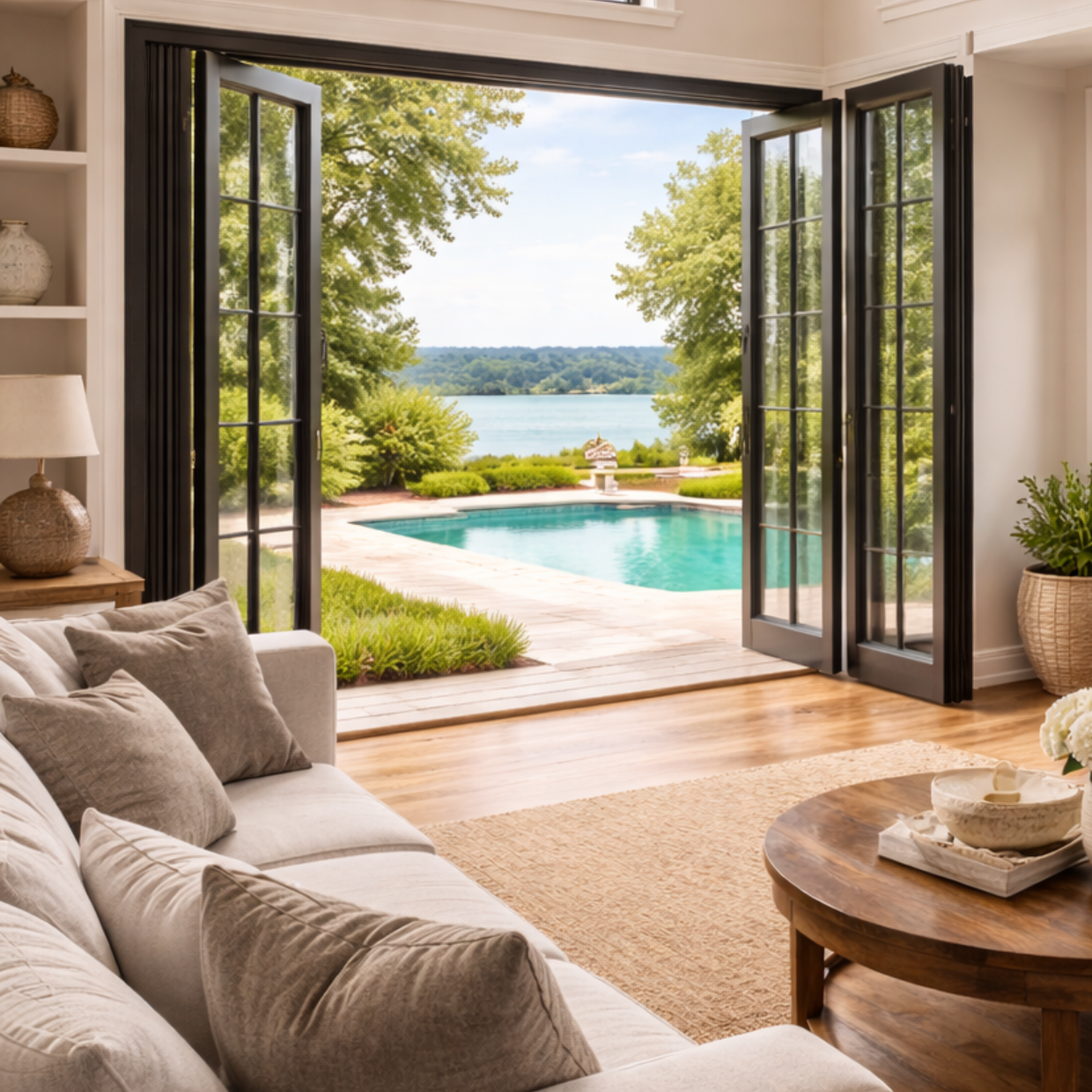 Bright living room opening to a pool and lake view through wide patio doors