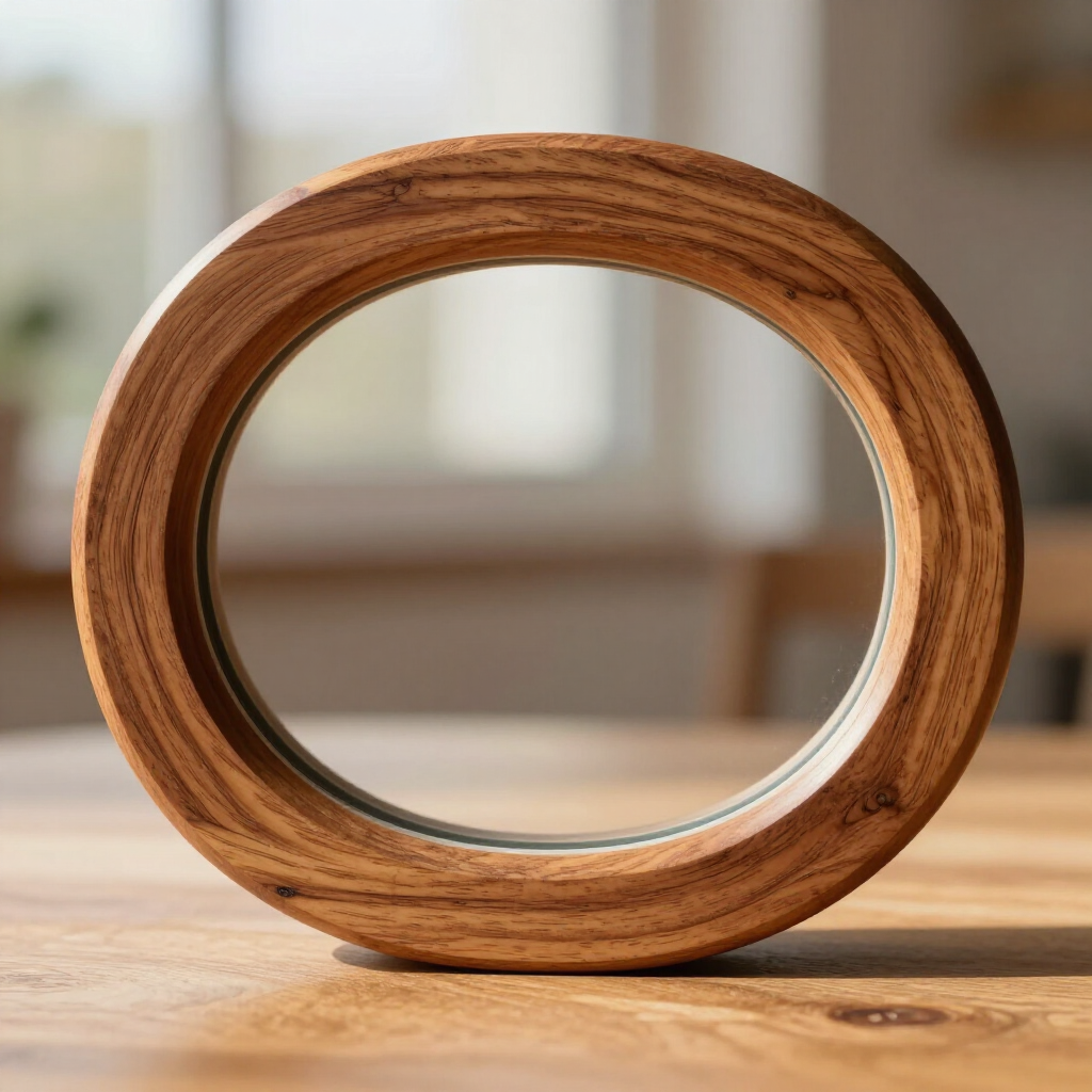 Wooden ring-shaped frame with a mirror insert on a tabletop, softly lit indoors