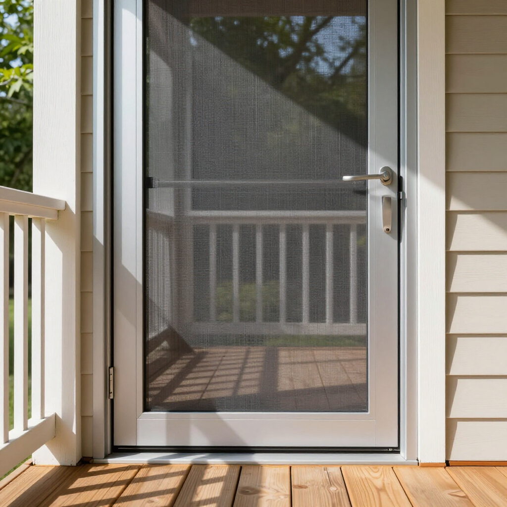 Screen door opening to a porch with white railing and beige siding