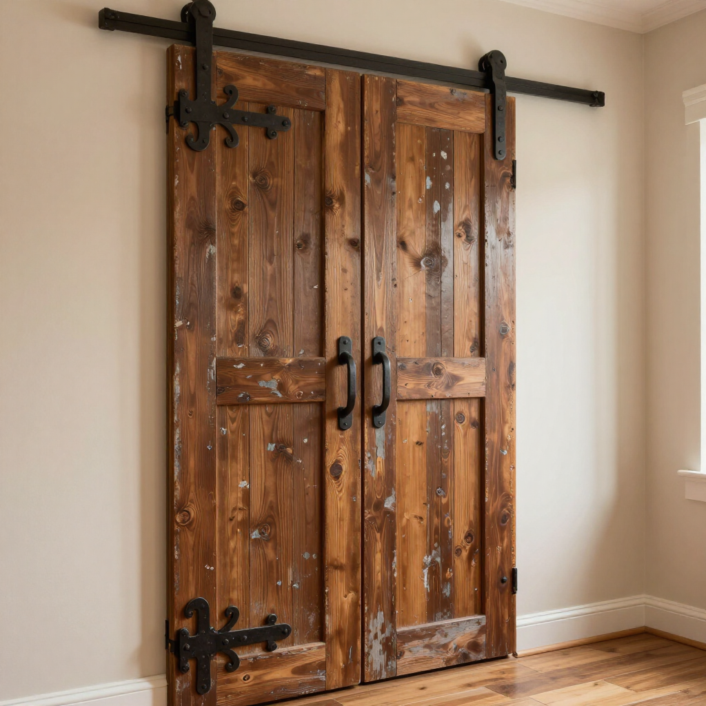 Rustic wooden sliding barn door with black hardware in a beige room