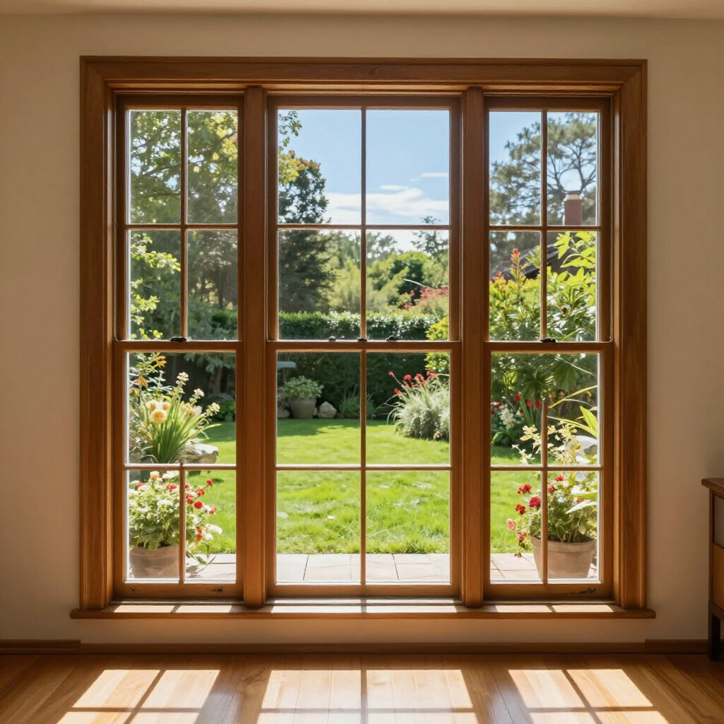 Wooden-framed window overlooking a bright green garden and patio.