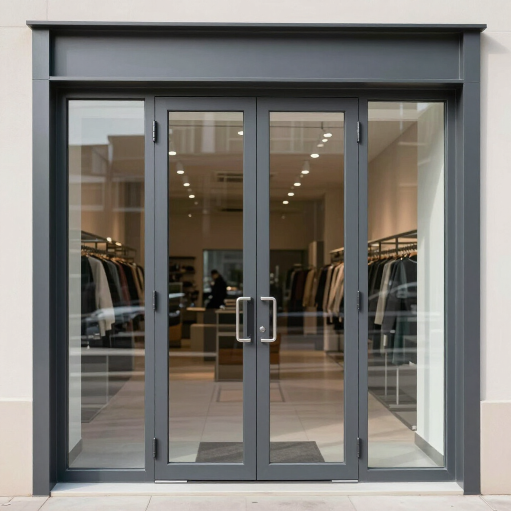 Glass storefront entrance with double doors and clothing racks visible inside a retail shop