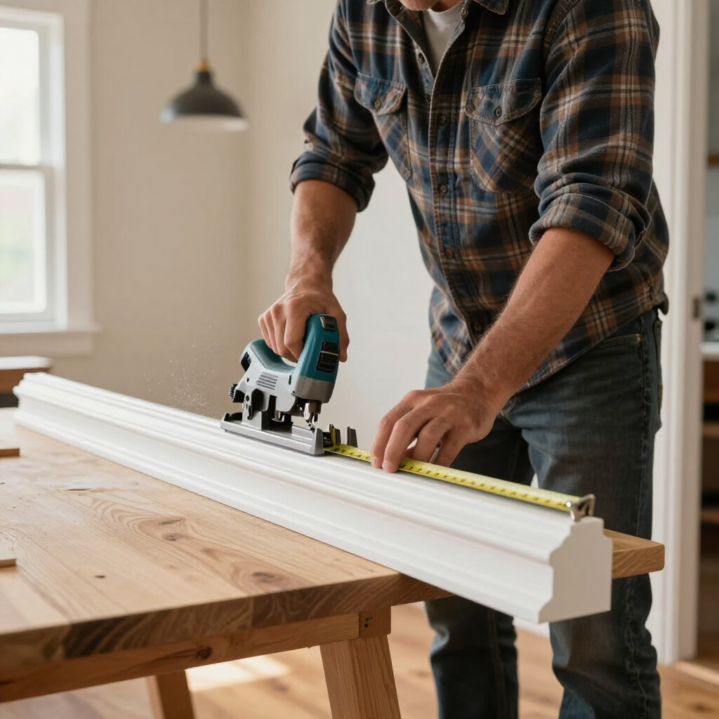 Person cutting white trim board with a circular saw on a wooden workbench in a workshop