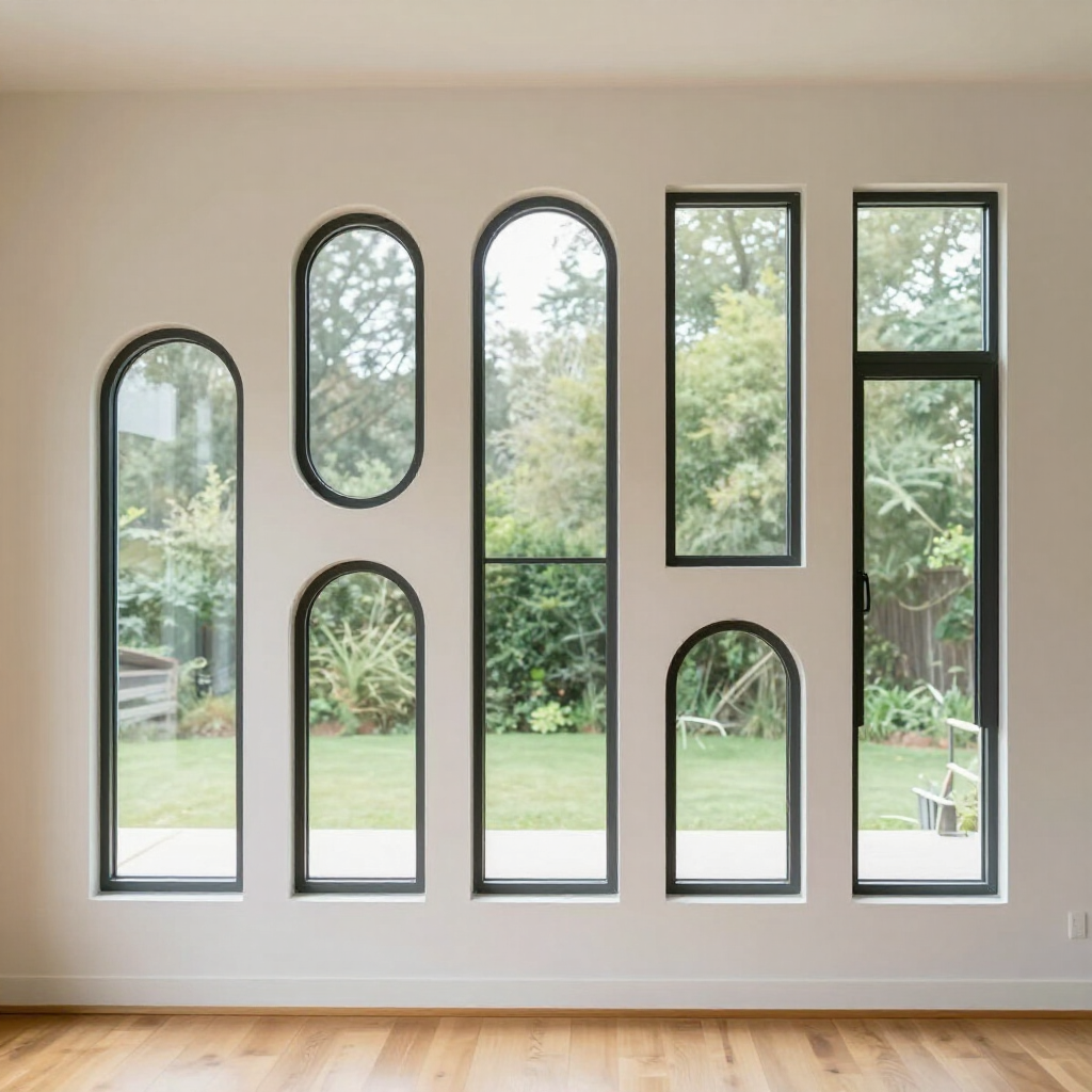 Modern interior with a wall of tall arched and rectangular windows overlooking a green backyard
