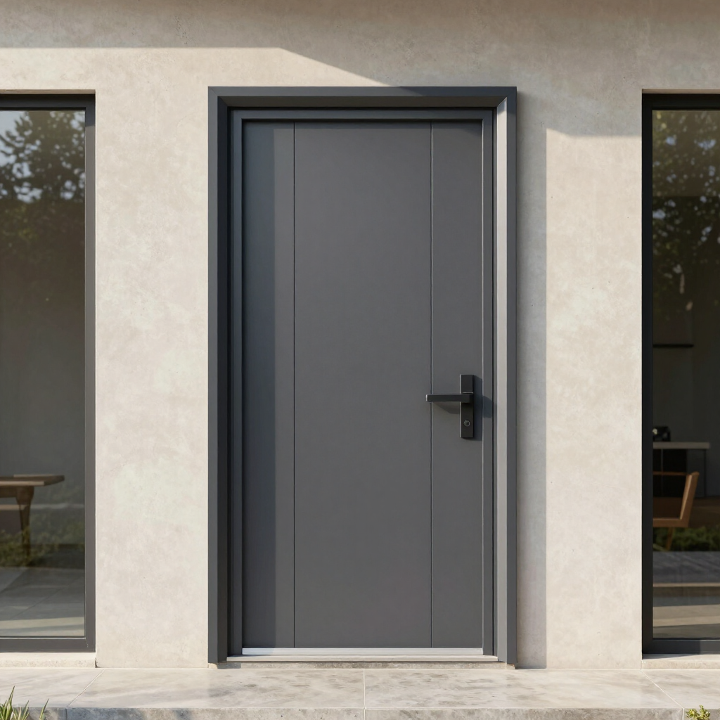 Modern gray front door with black handle in a light stucco exterior wall