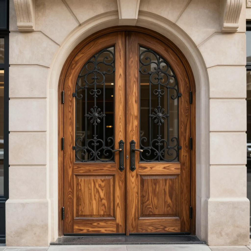 Wooden double arched front door with black iron glass panels set in a stone facade
