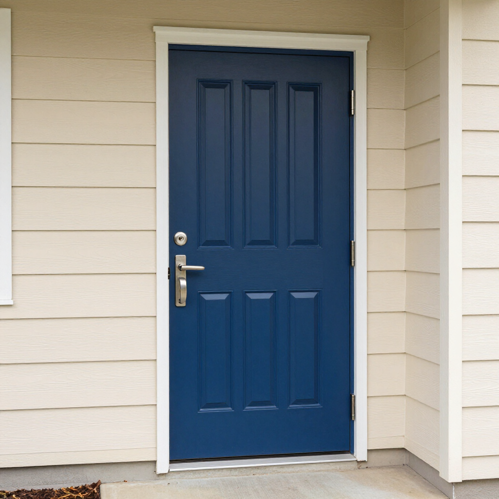 Blue front door with silver handle in a beige house exterior