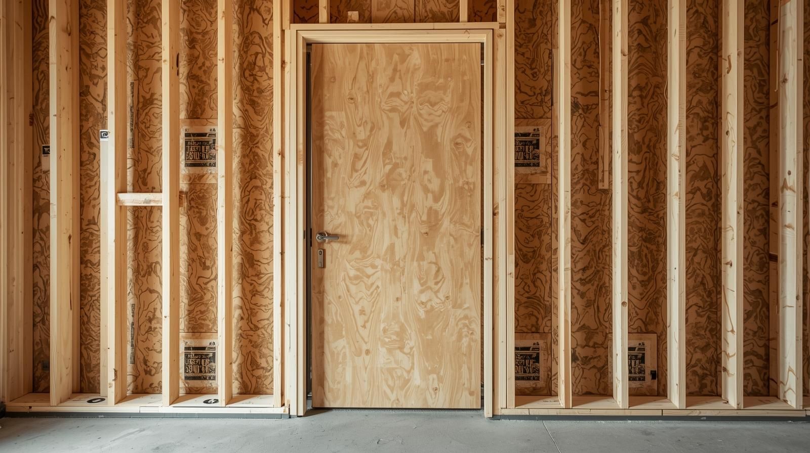 Unfinished room framing with exposed studs and a closed plywood door in the center.