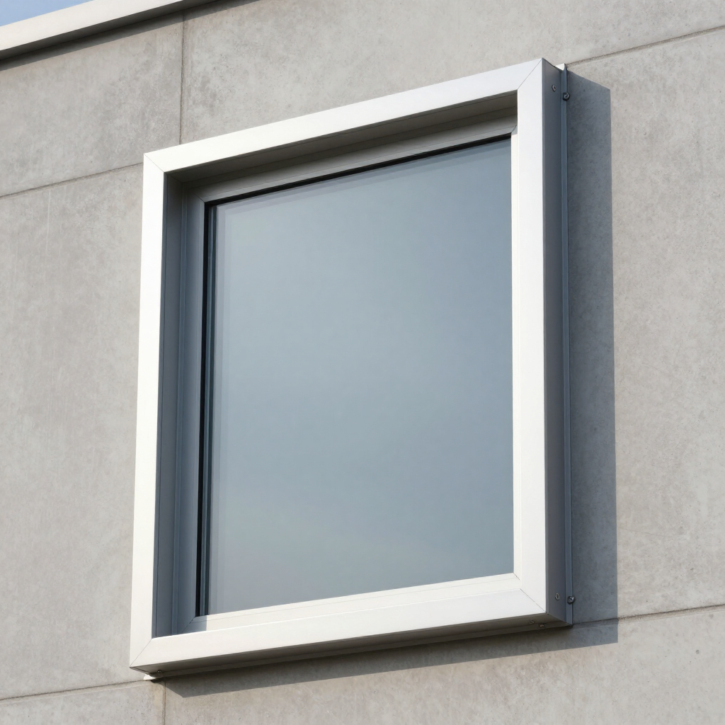 White-framed frosted window set in a gray exterior wall