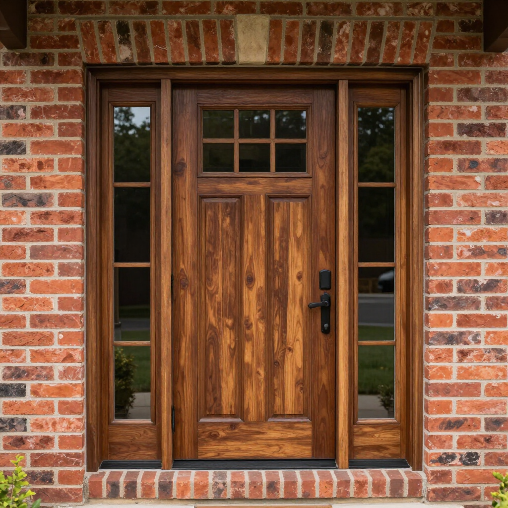 Wooden front door with sidelights and transom set in a red brick wall