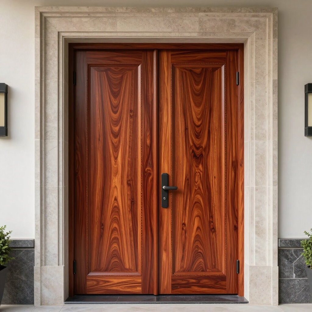Closed wooden double front door with black handle, set in a stone doorway wall