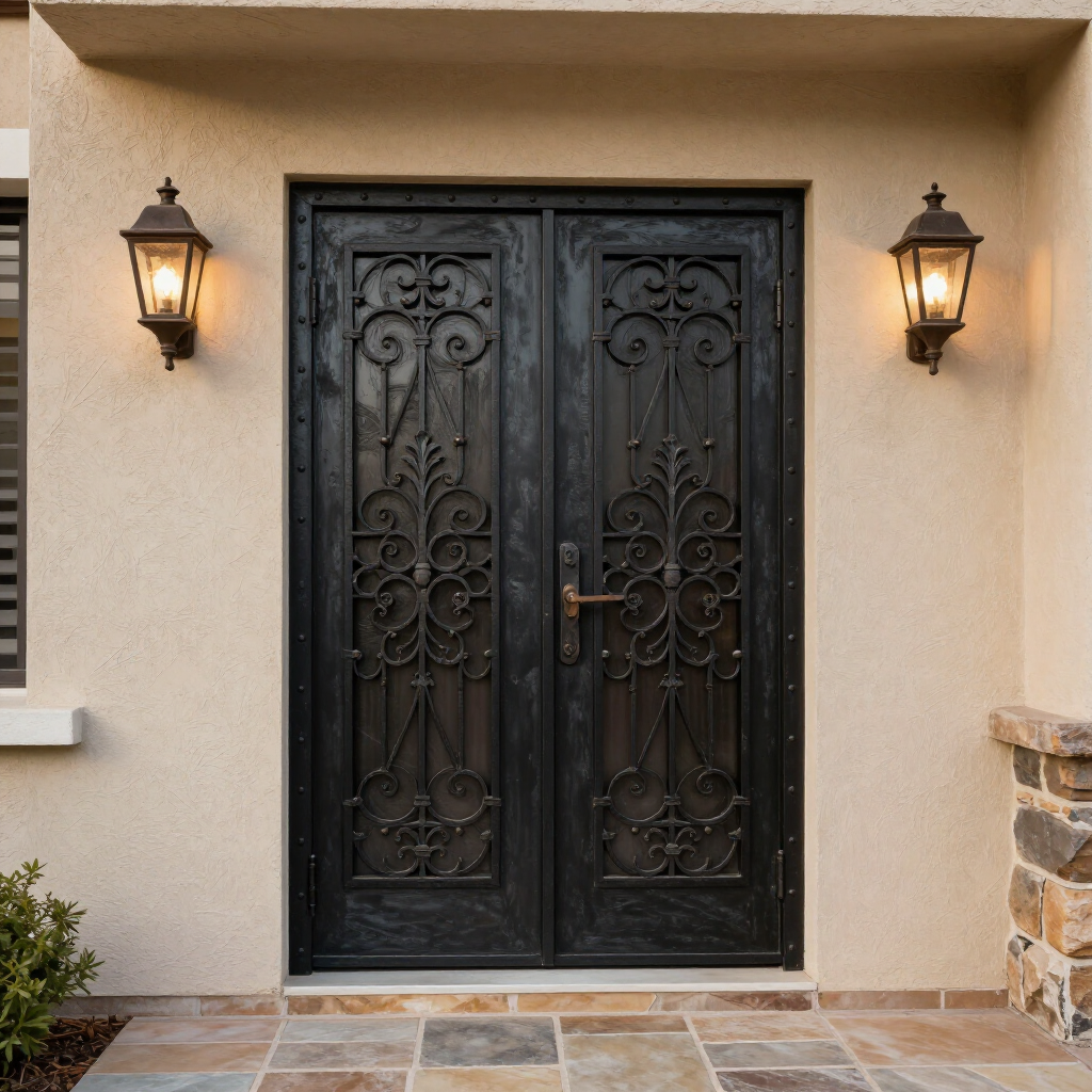 Black double front doors with ornate wrought iron panels, flanked by two lantern sconces on a stucco entryway