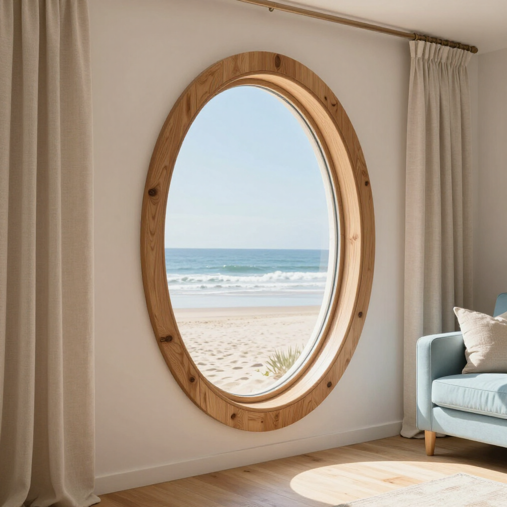 Ocean view through an oval wooden window in a bright room with beige curtains and a light blue chair.