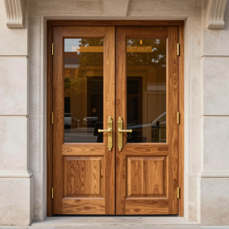 Wooden double entry doors with brass handles set in a stone building facade