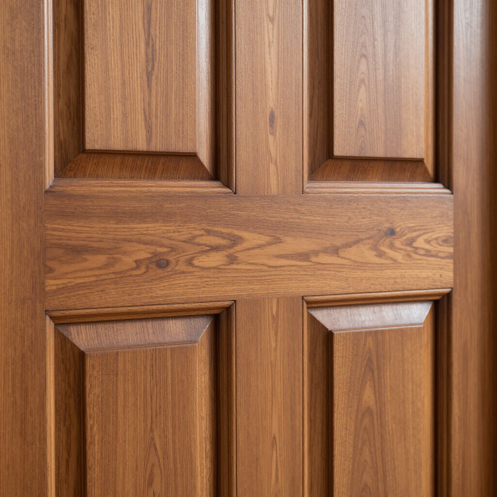 Close-up of a brown wooden paneled door with decorative rectangular panels.