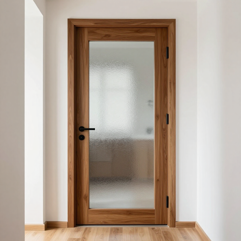 Wood-framed frosted glass door in a minimalist white room with wooden flooring