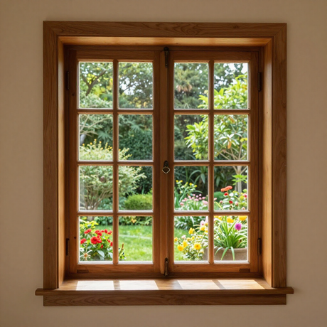 Wooden window looking out onto a lush garden with colorful flowers and greenery