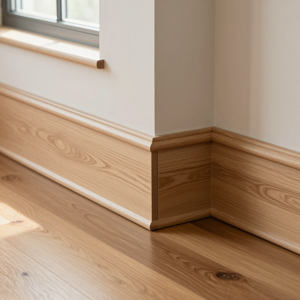 Light wood floor and baseboard trim meeting at an interior corner beneath a window.