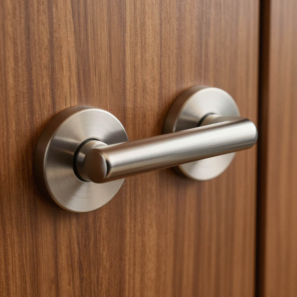 Brushed metal door handle on a wooden door