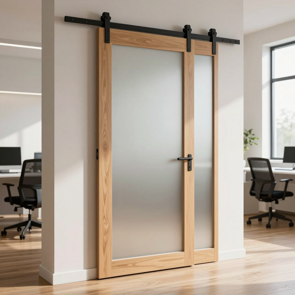 Wooden sliding barn door with frosted glass in a bright office interior