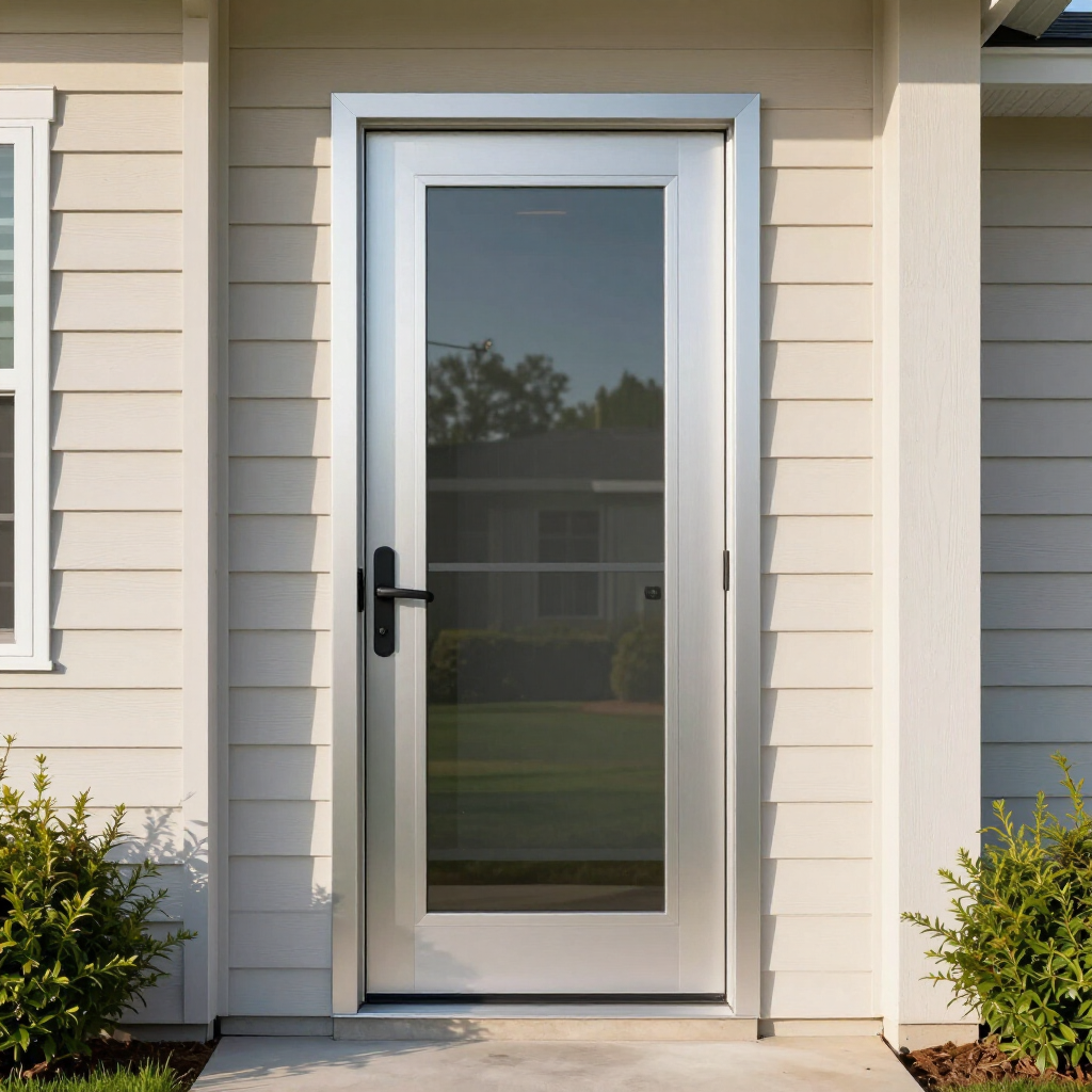 White-framed glass front door with black handle and sidelights on a beige house exterior