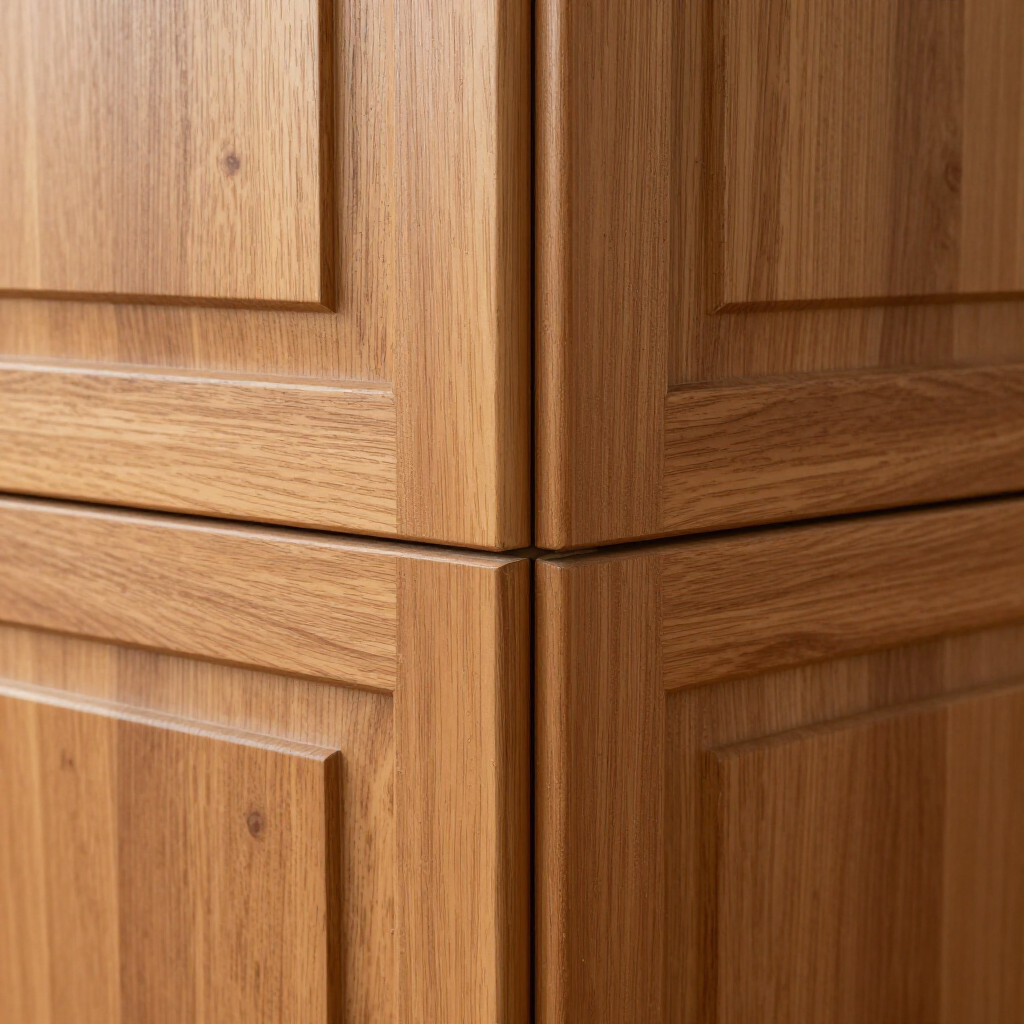 Close-up of a light brown wooden cabinet corner with recessed panels and grain texture.