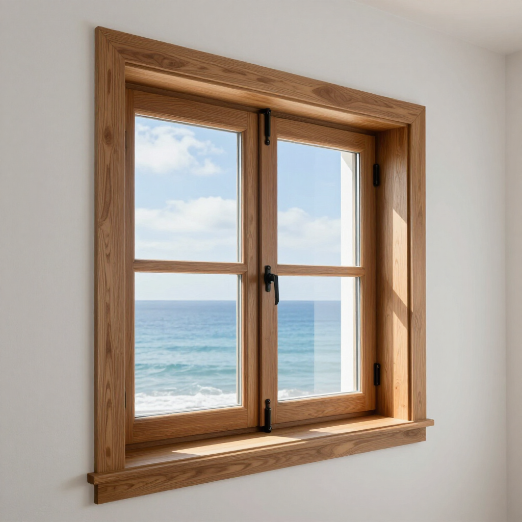 Wooden window framing a bright ocean view with blue sky and sea beyond.