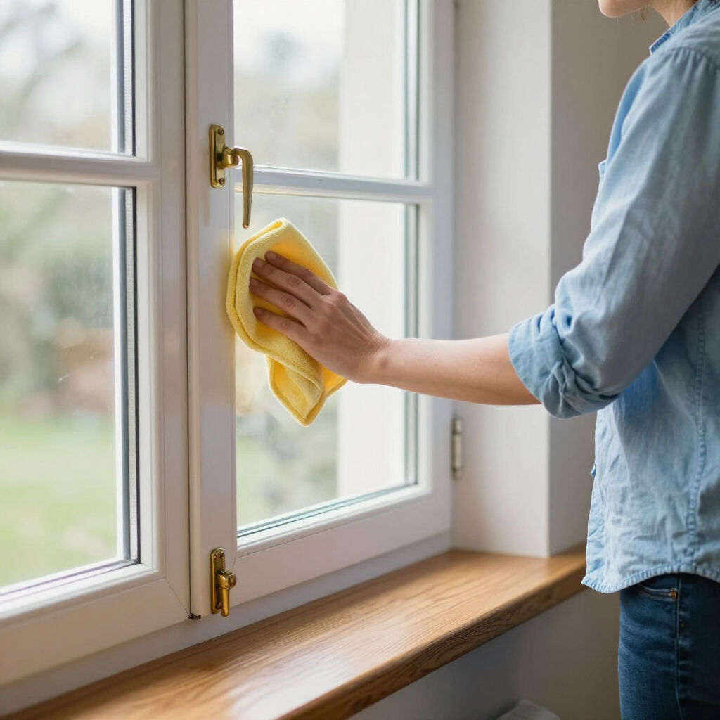 Person wiping a white window frame with a yellow cloth indoors