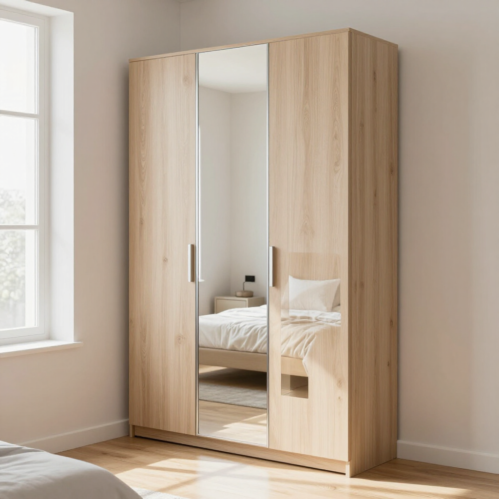 Light wood wardrobe with mirrored center door in a sunlit bedroom.