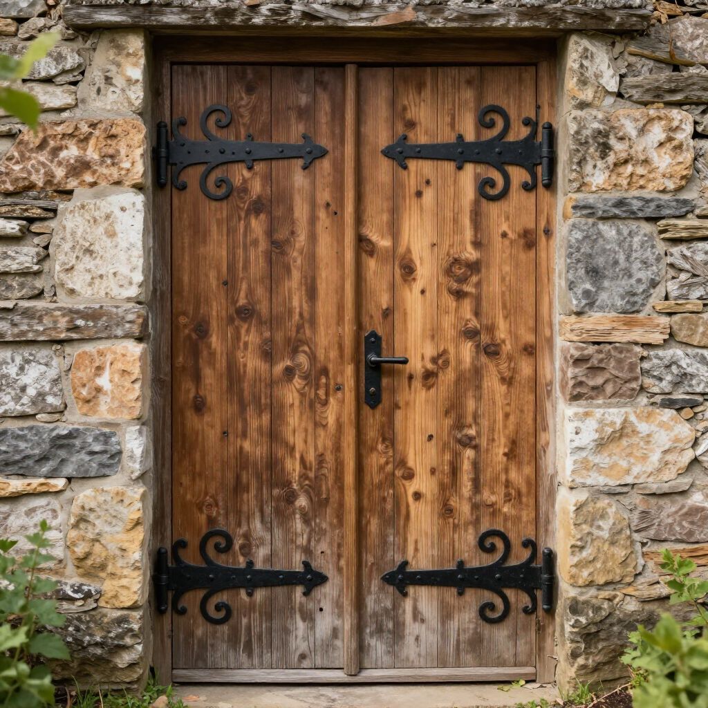 Rustic wooden door with black iron hinges set in a stone wall