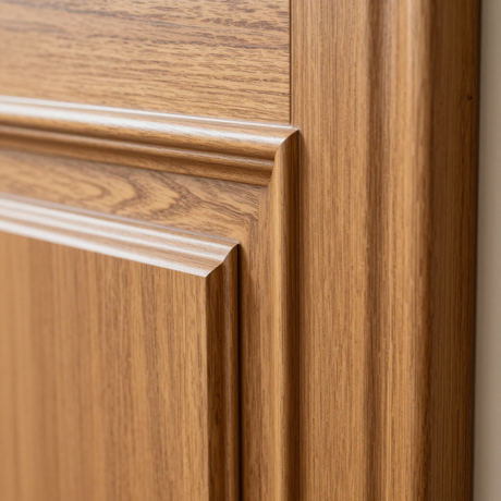 Close-up of a wood-grain cabinet door with a raised panel and matching trim.