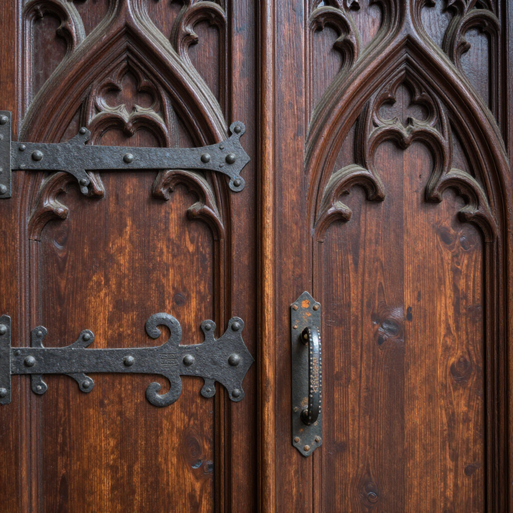 Ornate dark wooden church doors with Gothic carvings and iron hardware