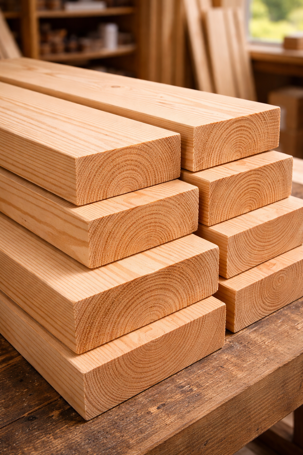 Stacked wooden boards on a workbench in a workshop or lumberyard