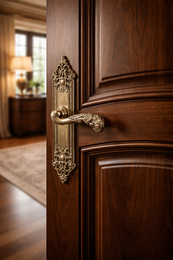 Ornate brass door handle on a dark wooden door, with a softly lit room in the background