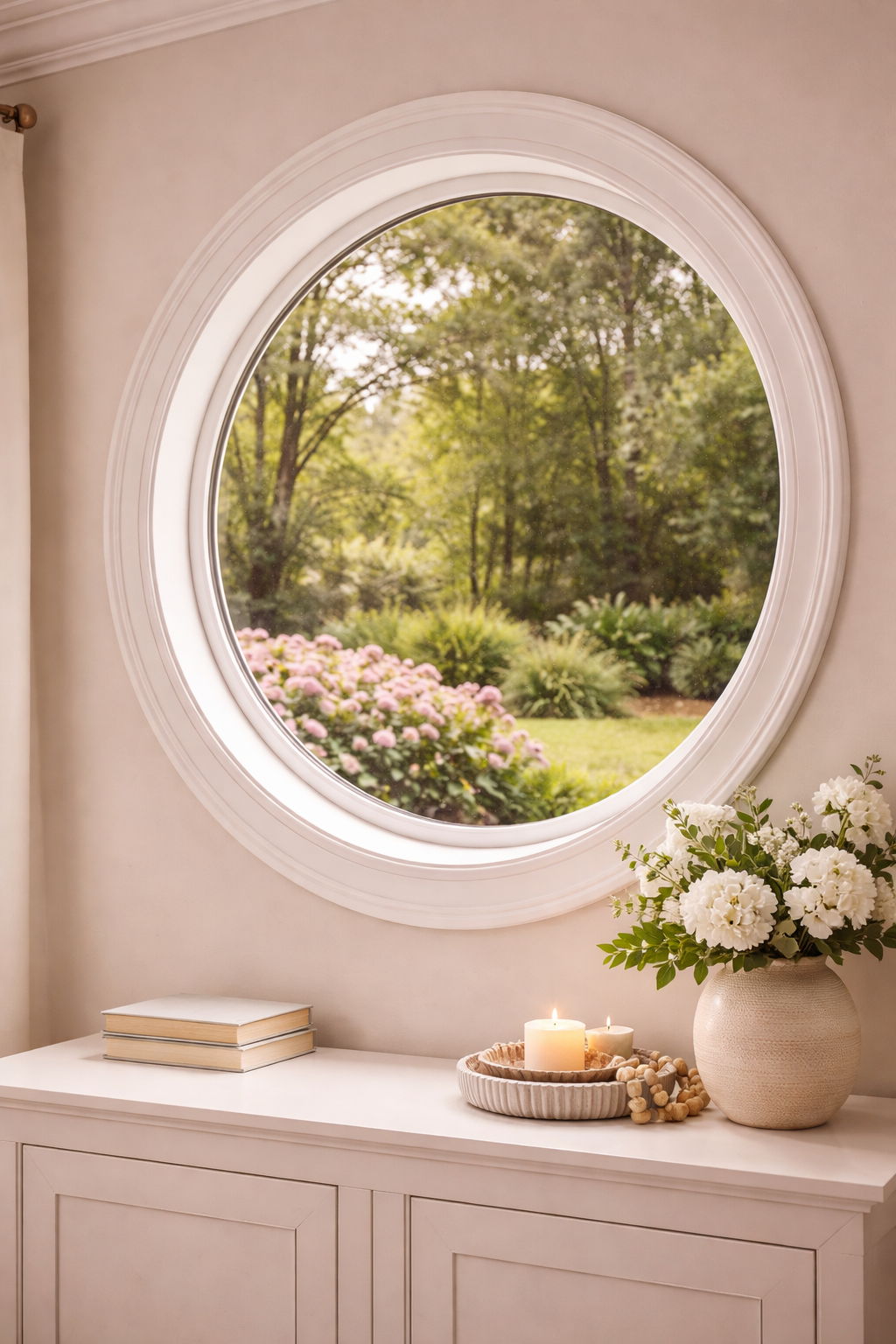 Round window above a white cabinet, looking out to a sunlit garden with flowers and trees