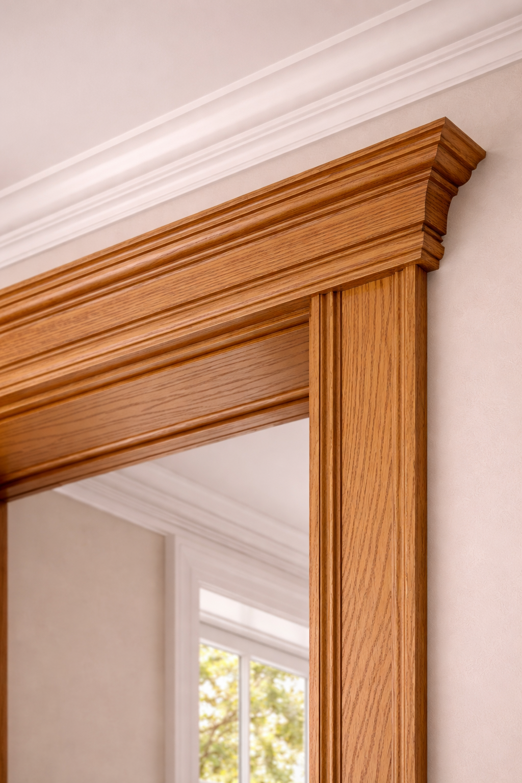 Wooden door frame molding with decorative trim against a light interior wall
