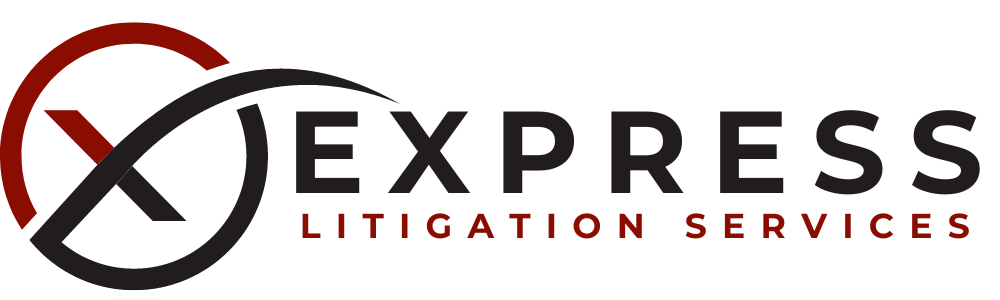 The logo for x express litigation services is black and red.