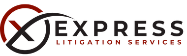 The logo for x express litigation services is black and red.