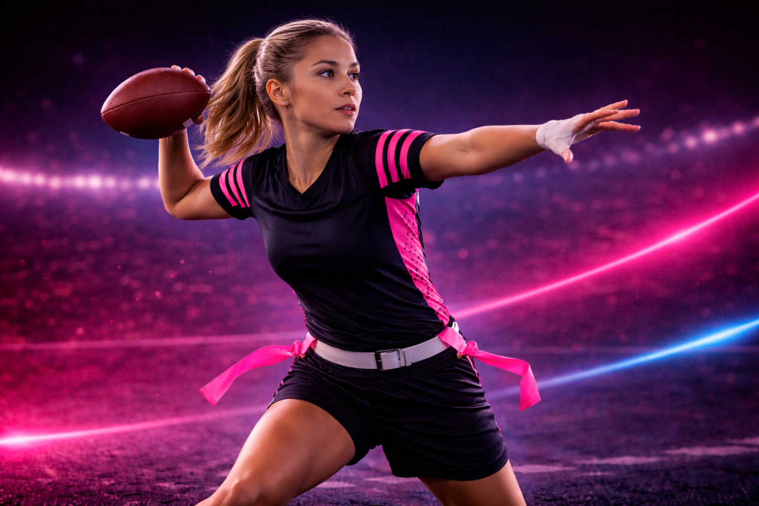 female quarterback throwing a football