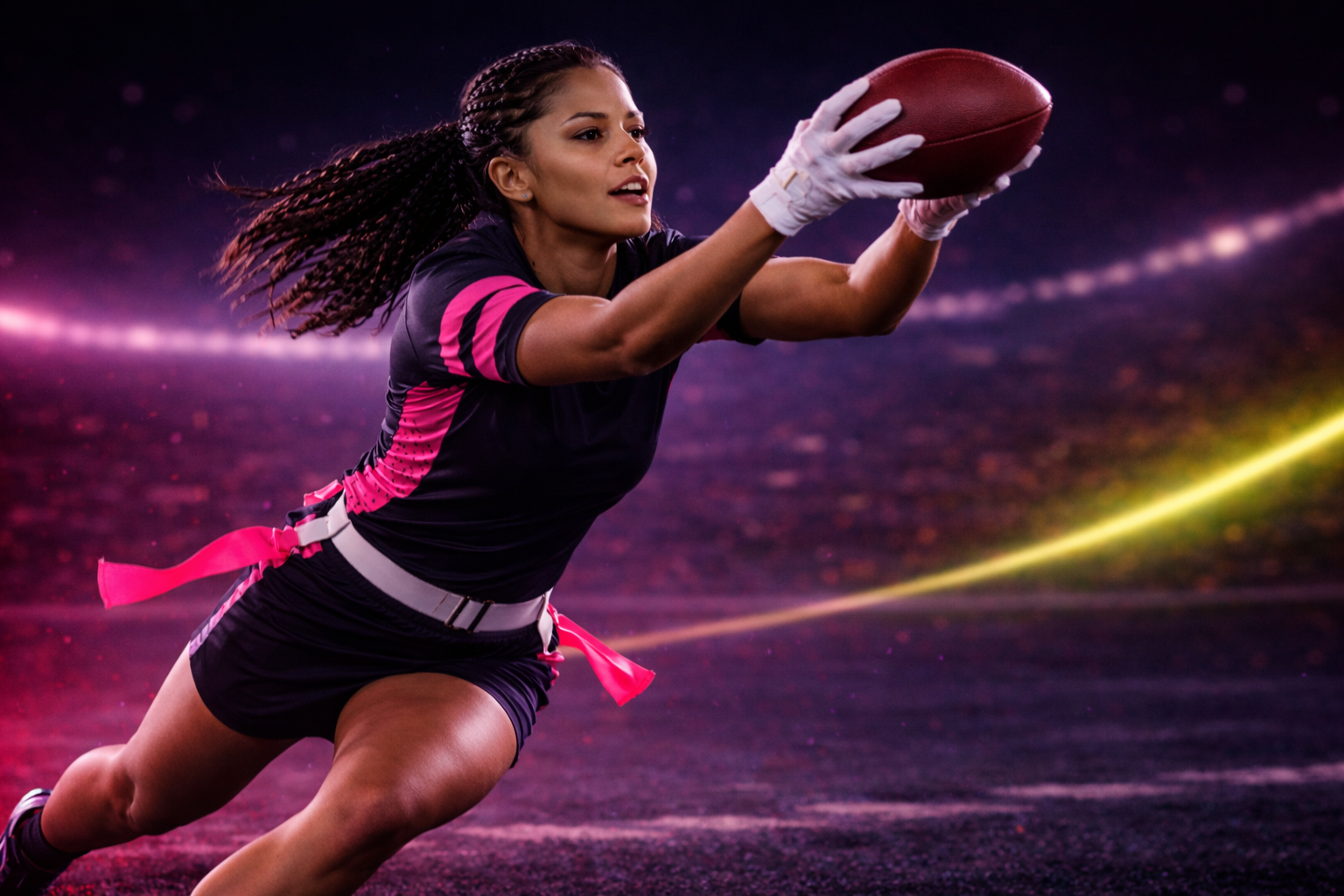 Female flag football player catching football