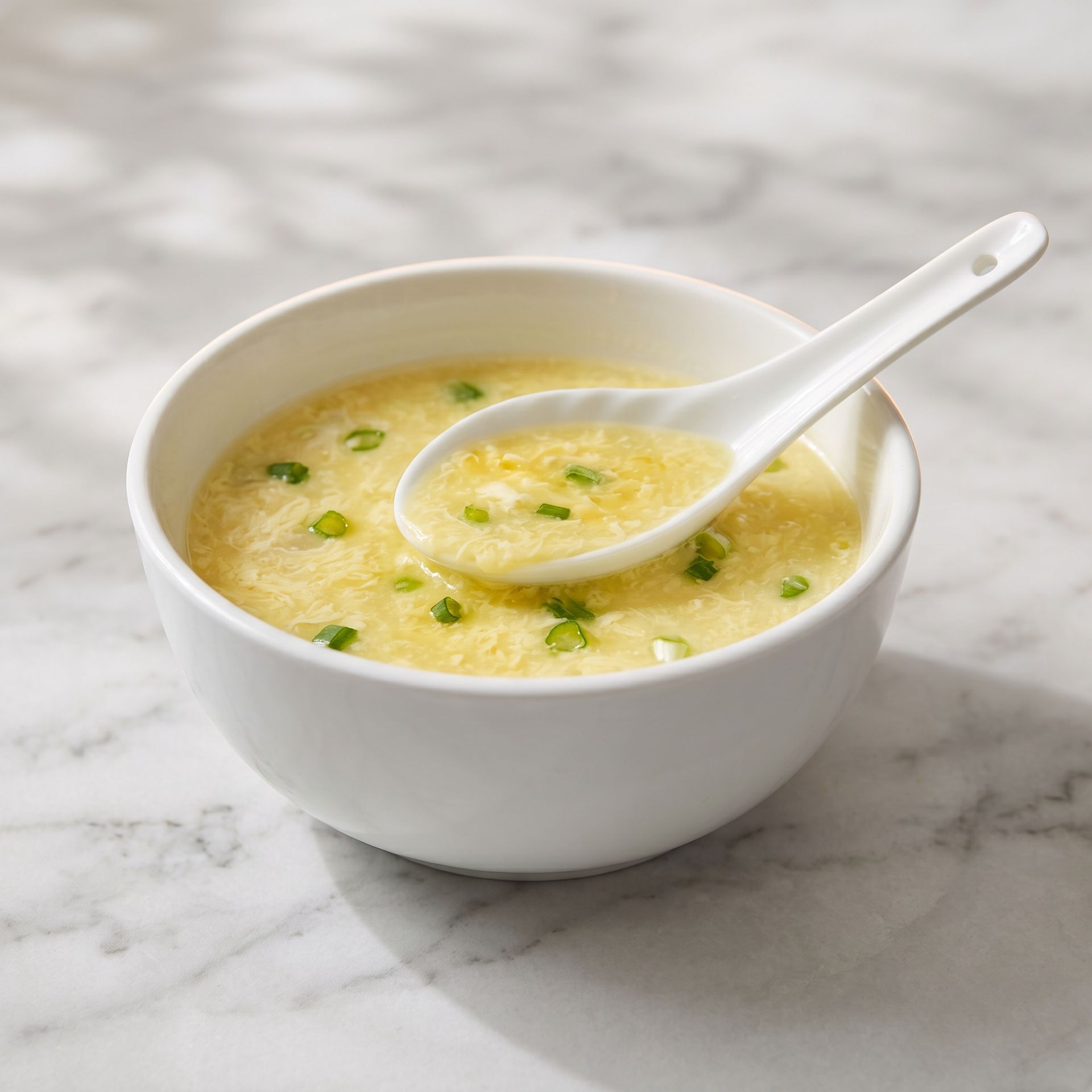 White bowl of creamy soup with green garnish and a spoon on a marble surface