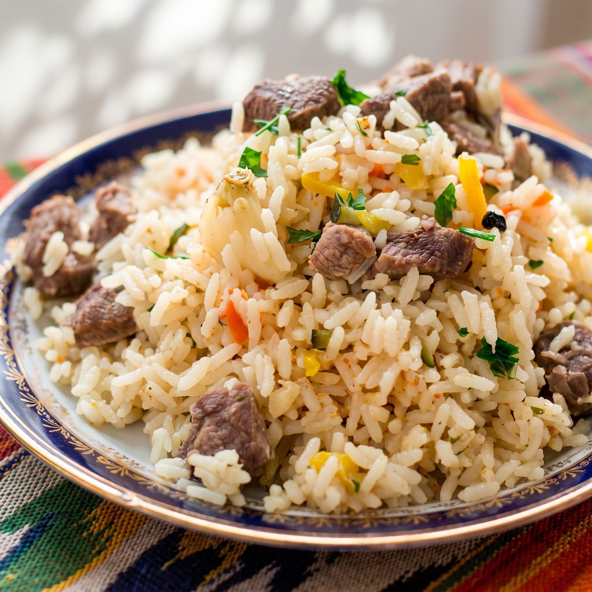 Plate of rice with beef and herbs on a patterned cloth, topped with colorful vegetable bits